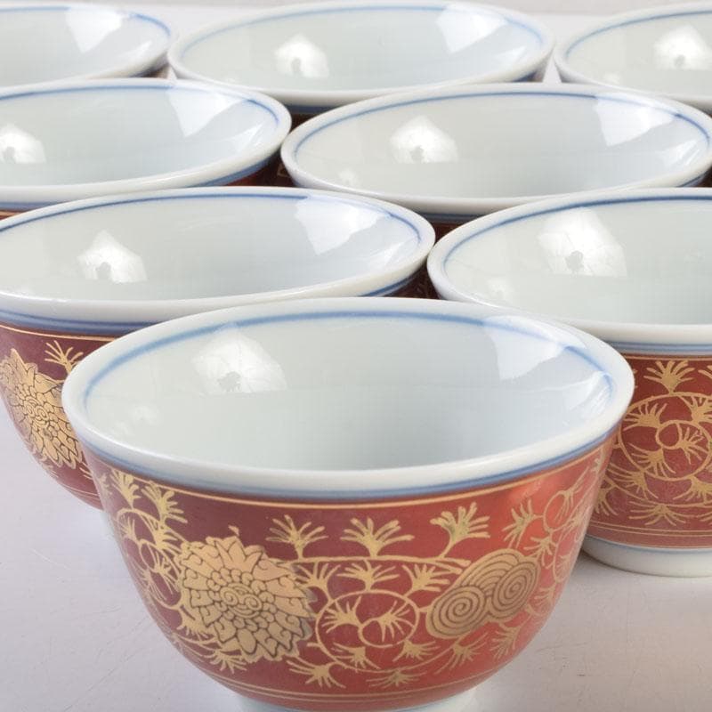 九谷焼　九谷陶源製　金襴手　花草文　煎茶碗　十客　共箱　C　9026