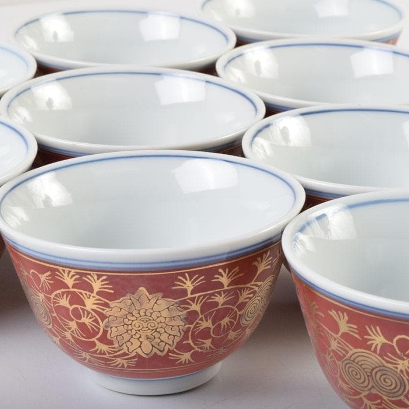 九谷焼　九谷陶源製　金襴手　花草文　煎茶碗　十客　共箱　C　9026