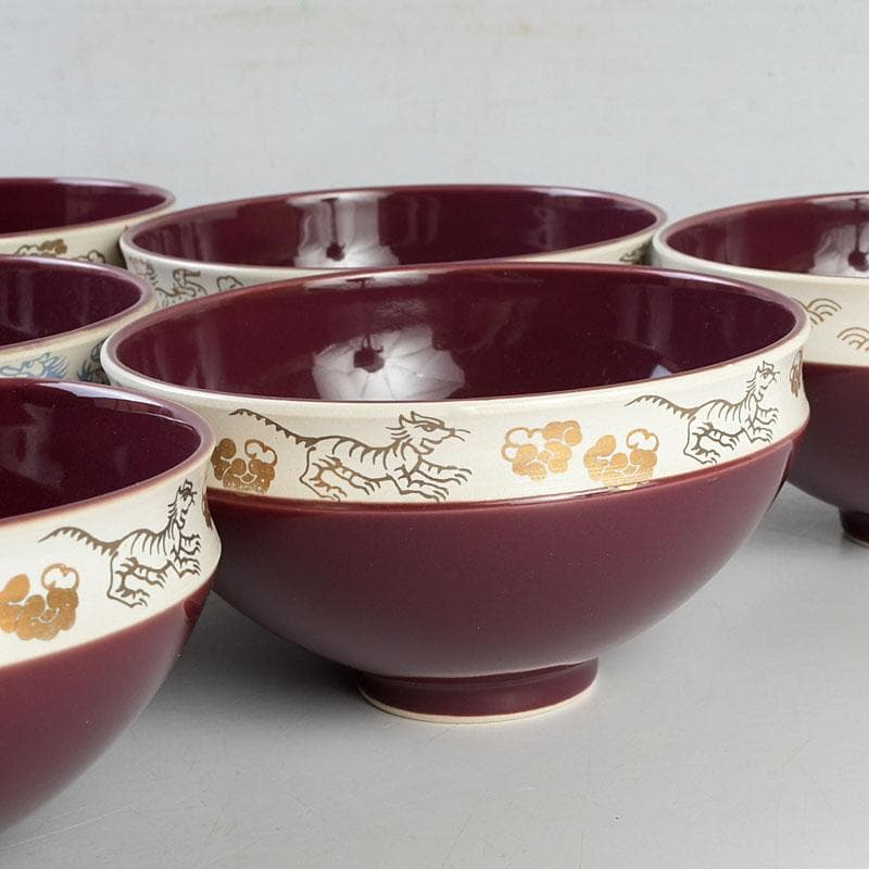 茶道具　瑞穂窯造　紫交趾　五神数茶碗　十客　共箱　V　9505D