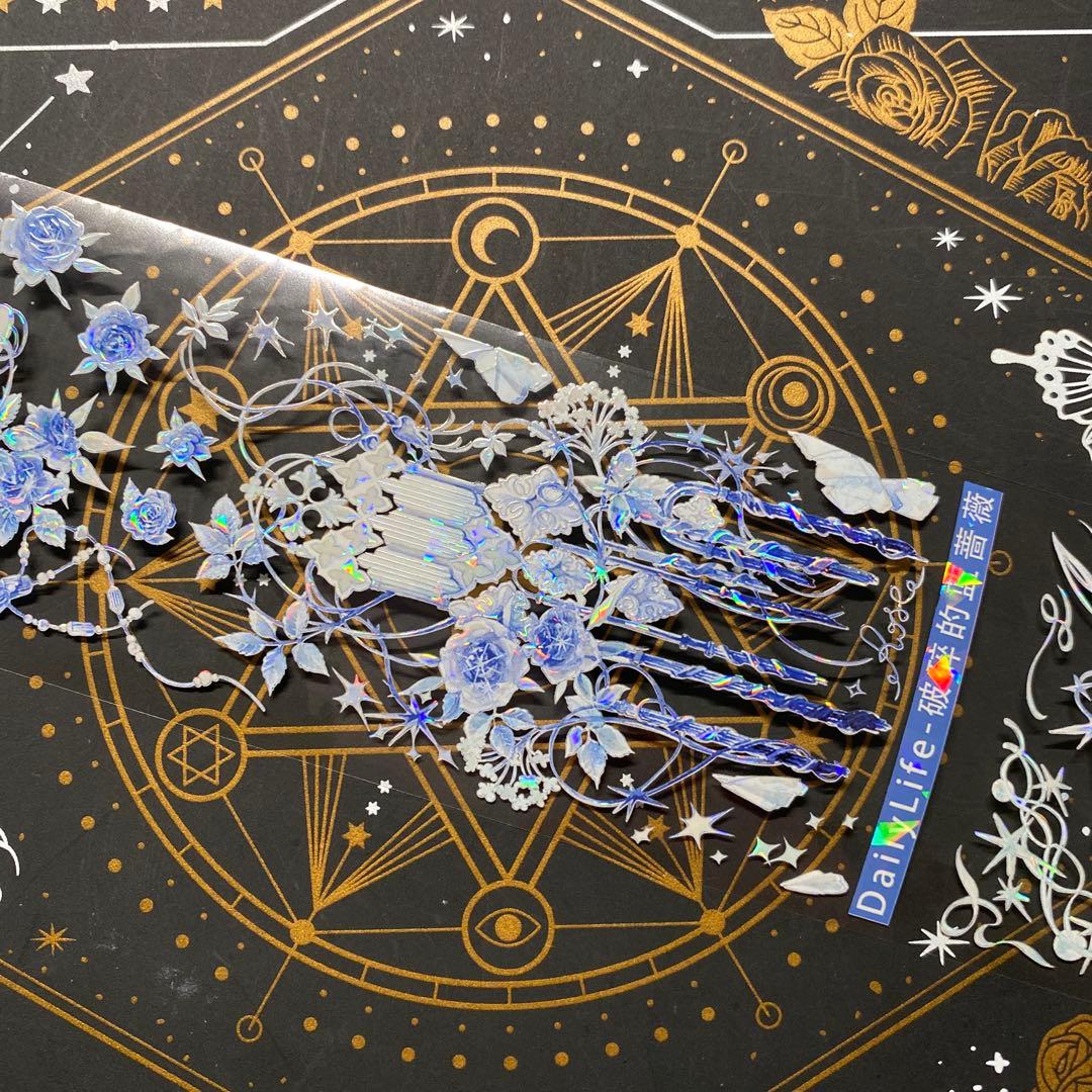 【9241】海外　マステ　中古巻　貝殻光マスキングテープ　月　お花　青い装飾系