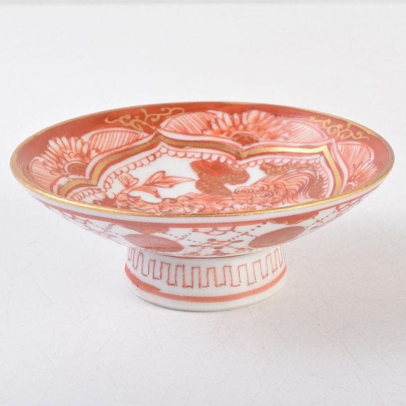 九谷焼　九谷八郎手　赤絵　神獣文　盃　ぐい呑　時代箱　M　R9174