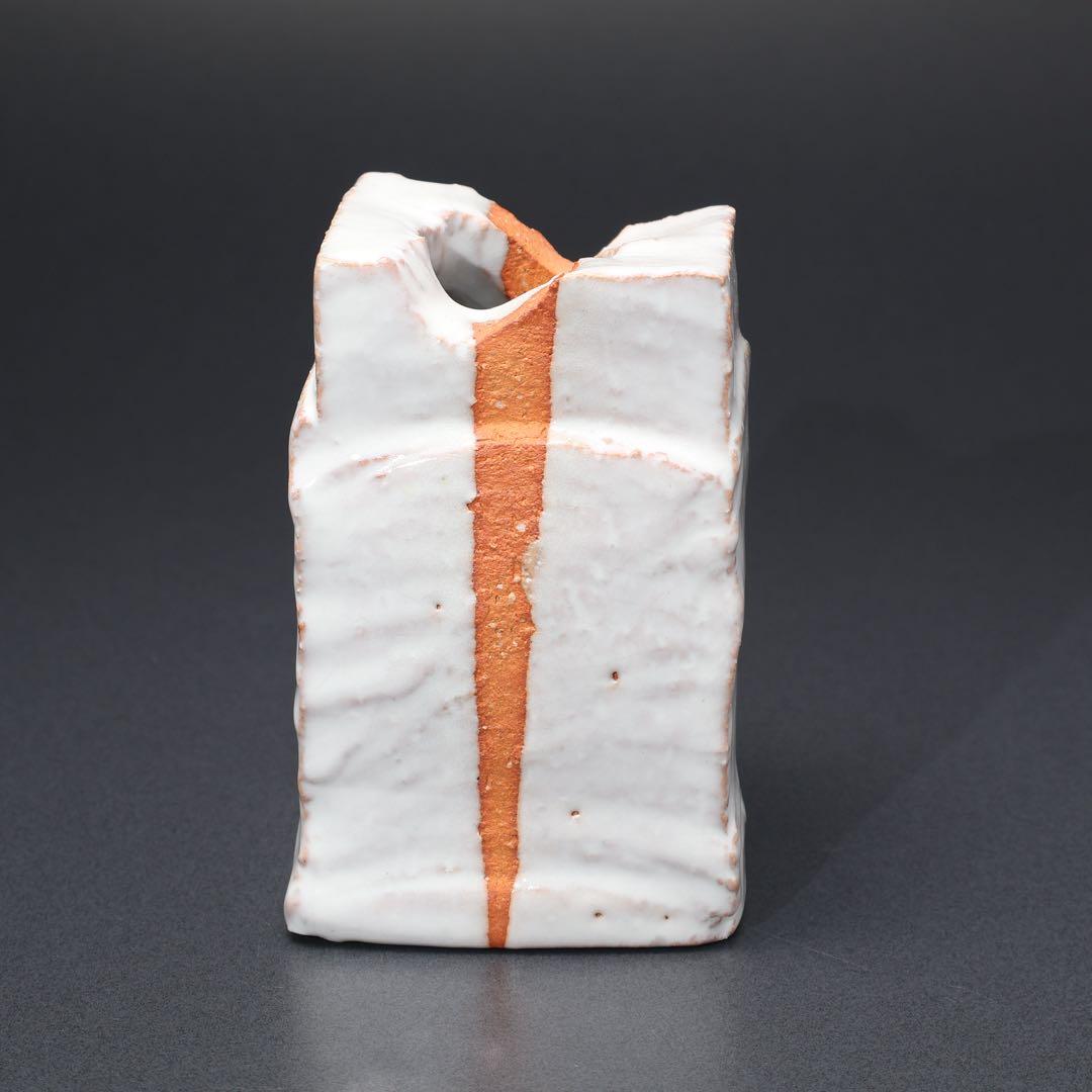 【茶道具】白釉掛分掛花入　萩焼　大和保男　共箱　白　R1561ダN3