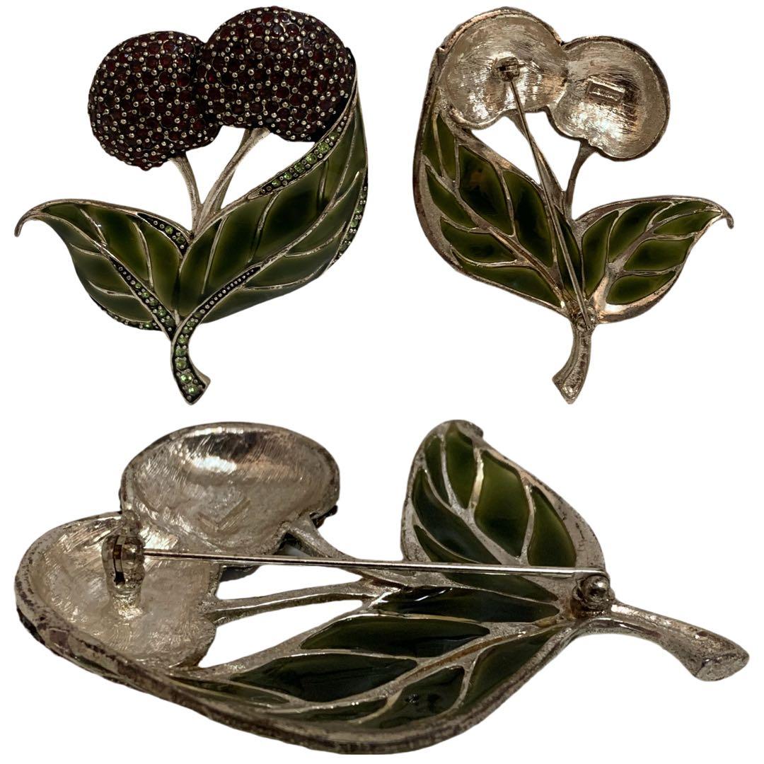 MONET VINTAGE チェリー リーフモチーフ ストーン装飾 ピンブローチ