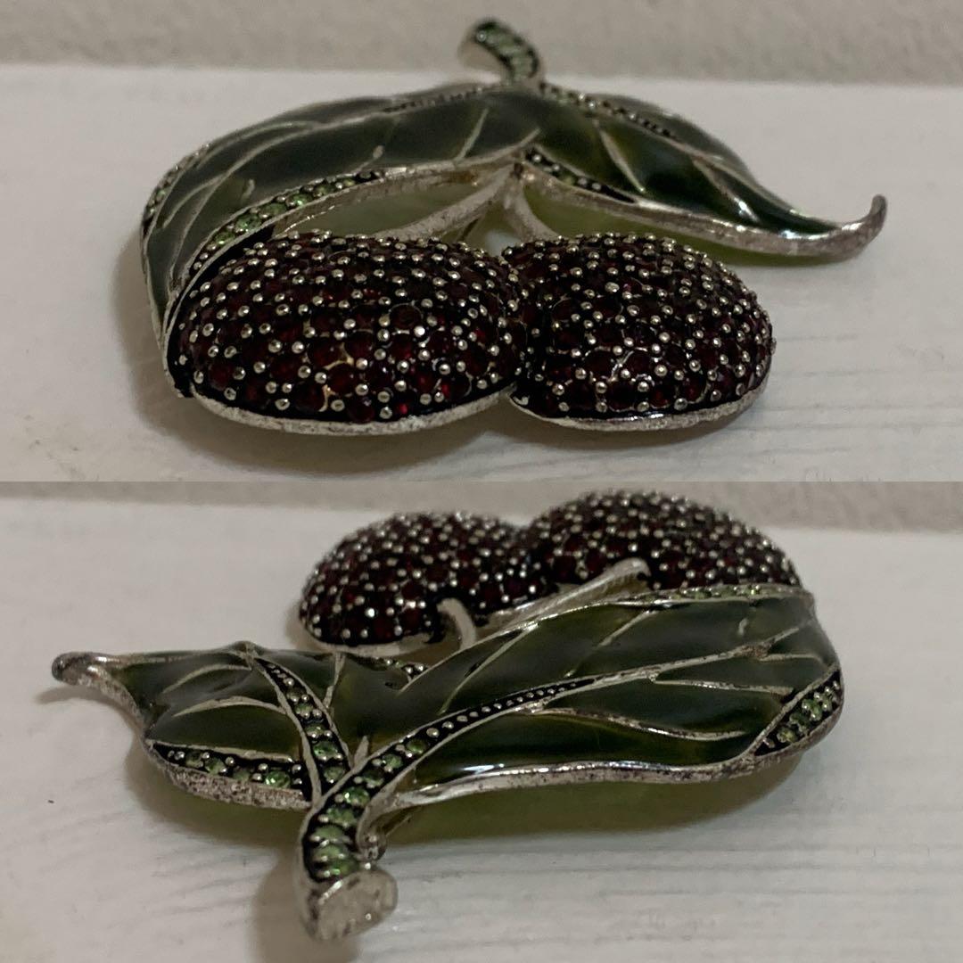 MONET VINTAGE チェリー リーフモチーフ ストーン装飾 ピンブローチ