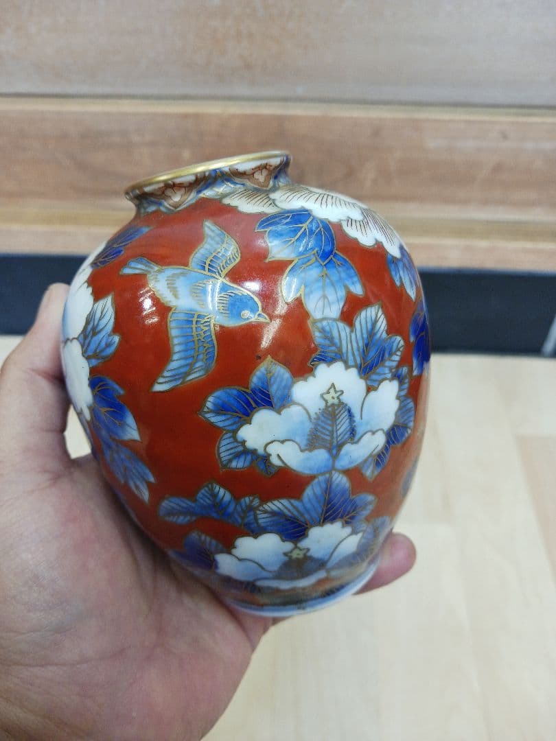 時代物　オールド深川　 深川製磁　花鳥図　染付　色絵　金彩　小壺　 花瓶　 花入