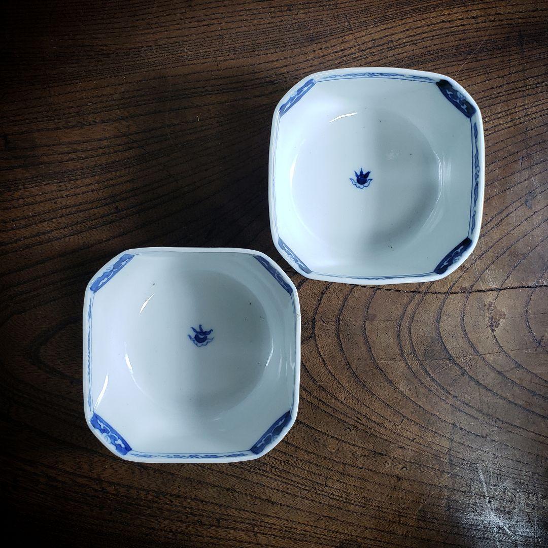 向付　角向付　小鉢　染付　色絵付　2客 古伊万里　明治　唐花　雲　内折　宝珠　銘