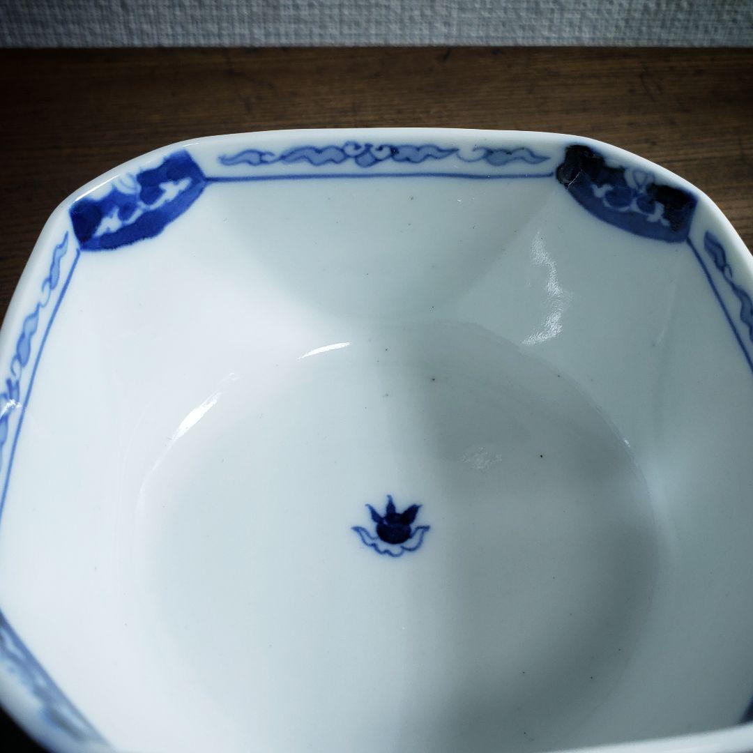 向付　角向付　小鉢　染付　色絵付　2客 古伊万里　明治　唐花　雲　内折　宝珠　銘