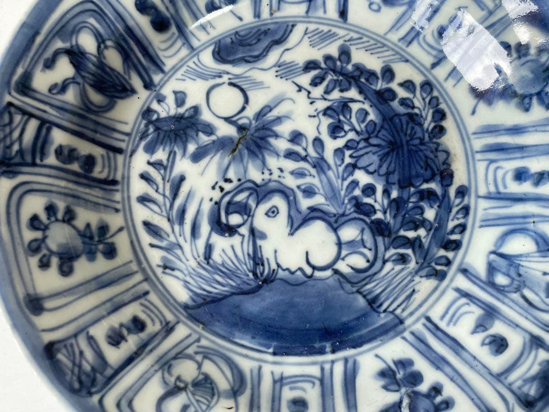 骨董　アンティーク　染付　古染付　芙蓉手　月 うさぎ　兎　七寸皿