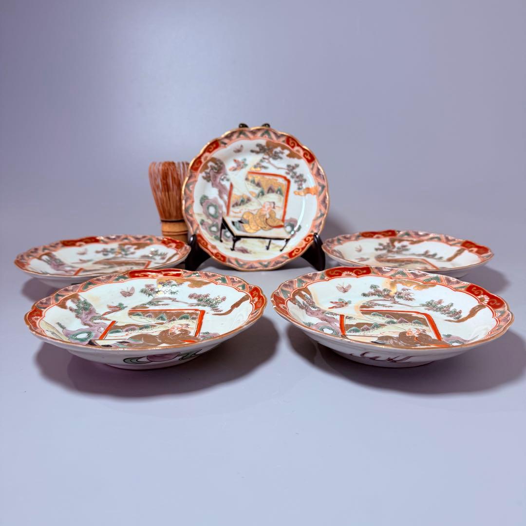 古伊万里　色絵金襴手賢人図輪花皿　5枚　直径15.6㎝　取り皿　幕末～明治期