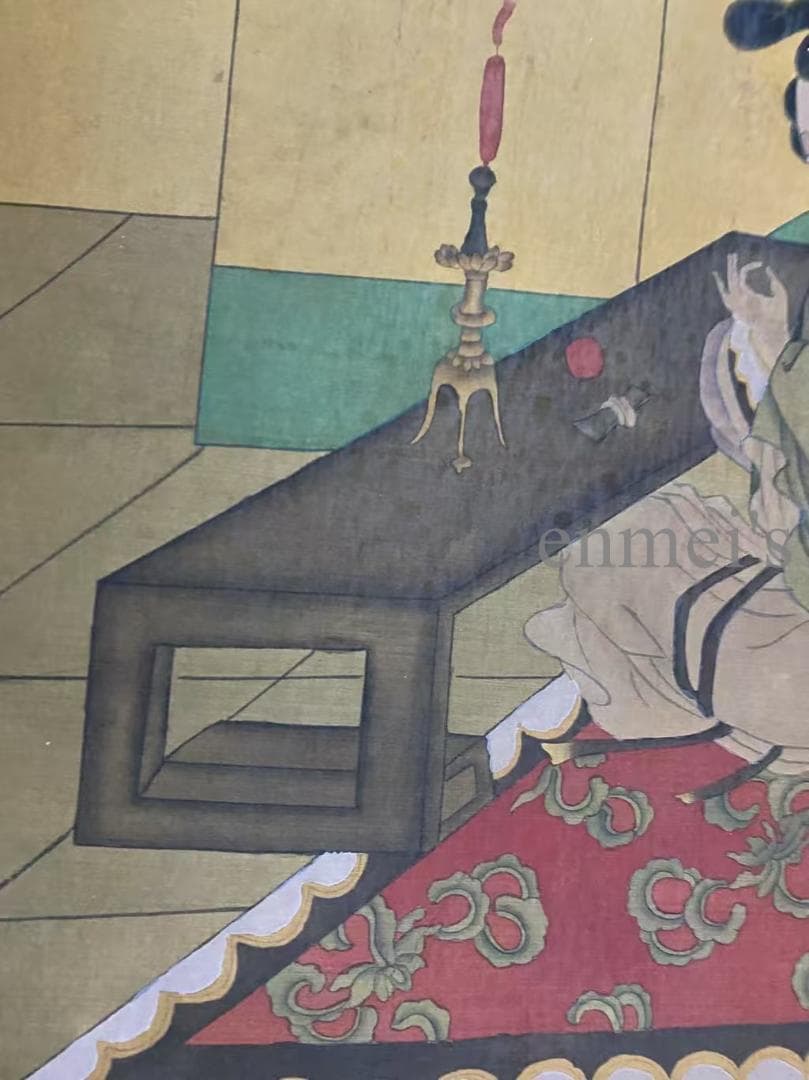 中国古美術 唐代 張萱款 青と金色の女性と提灯の掛軸 絹布 唐物 書画 水彩画