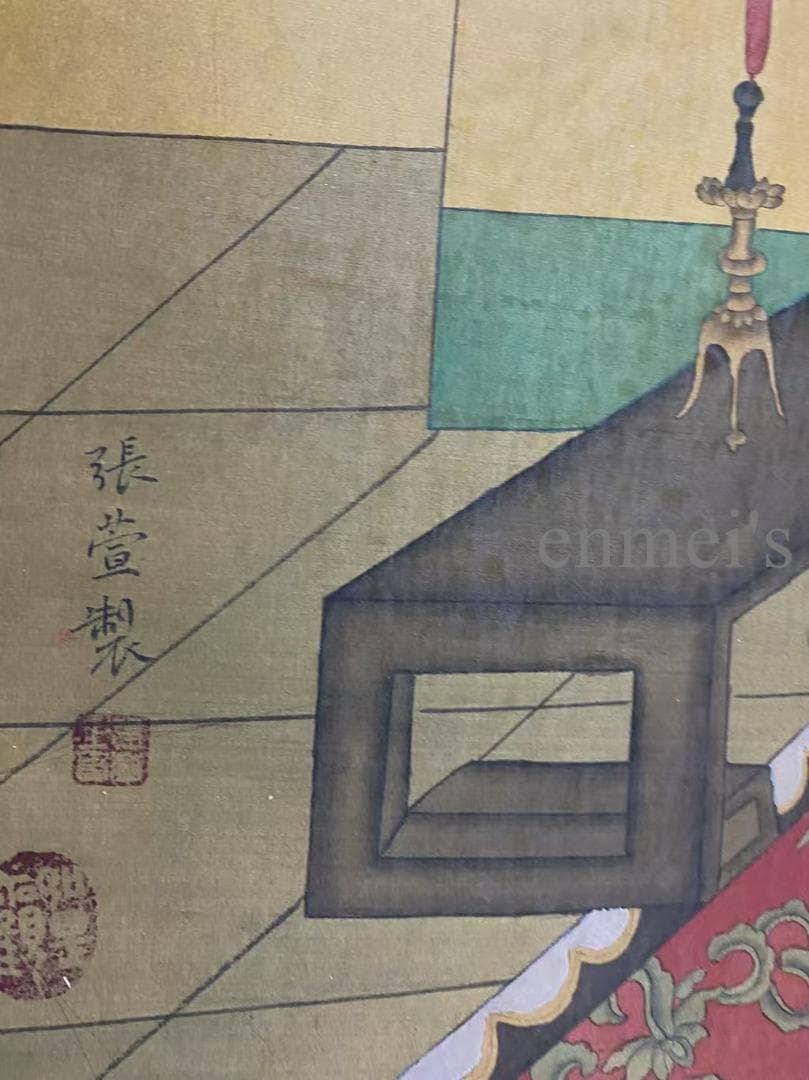 中国古美術 唐代 張萱款 青と金色の女性と提灯の掛軸 絹布 唐物 書画 水彩画