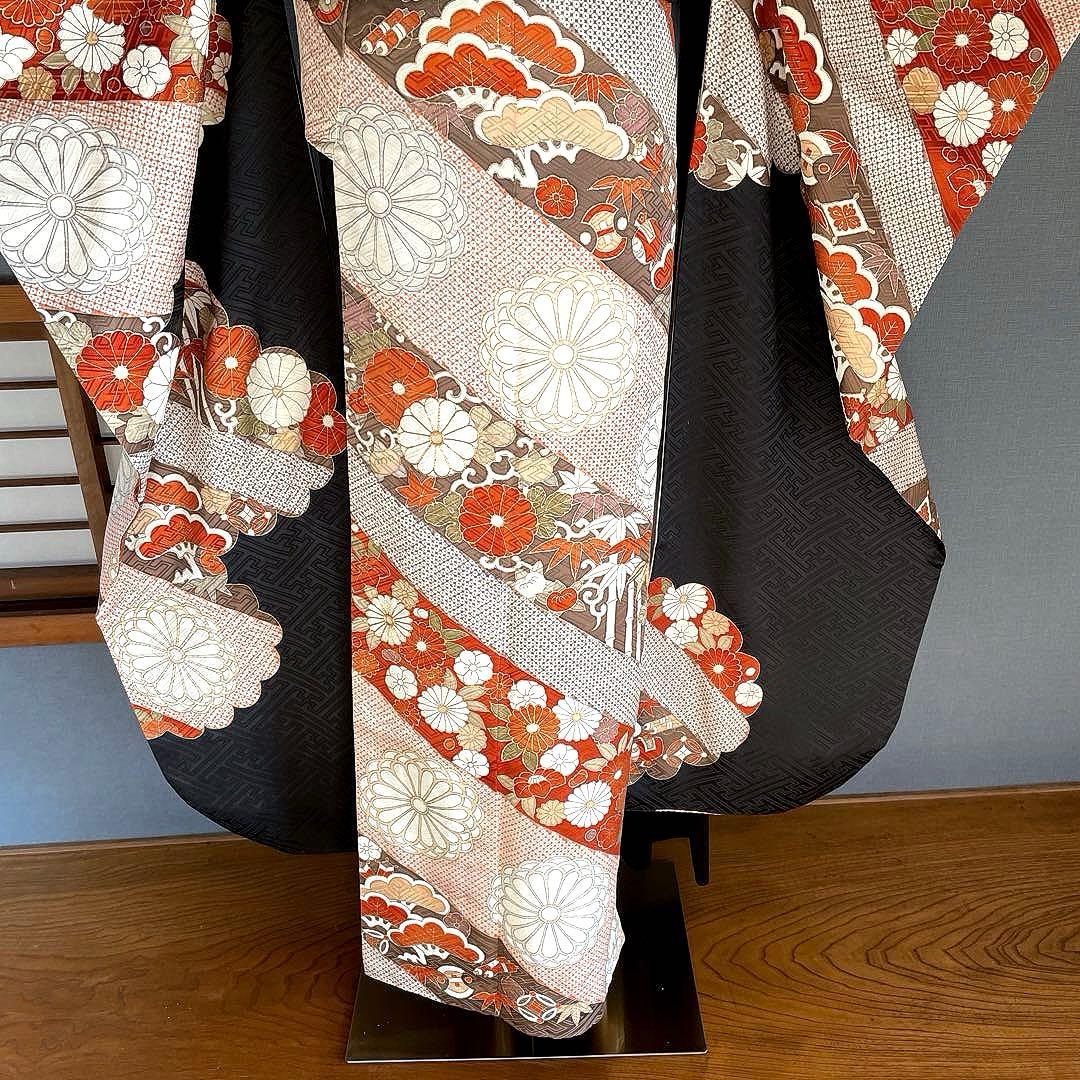 振袖フルセット　高身長　紋意匠　手描き友禅　成人式振袖　振袖　裄丈68 黒