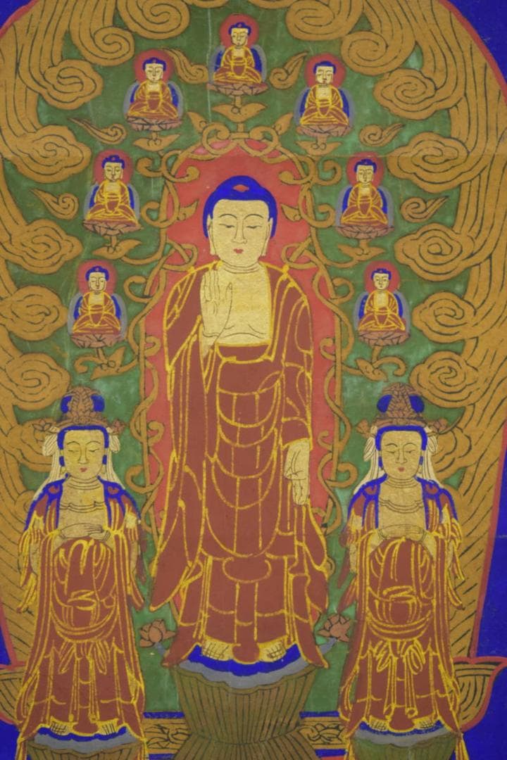 不詳/作者不明/釈迦三尊仏画/版材色/布袋屋掛軸HI-713