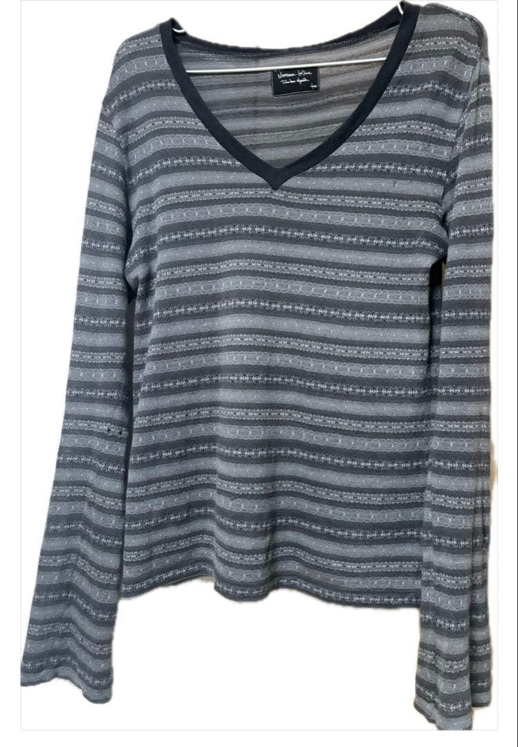 ナンバーナイン 08ss グレー ストライプ Vネック 長袖カットソー　ロンT