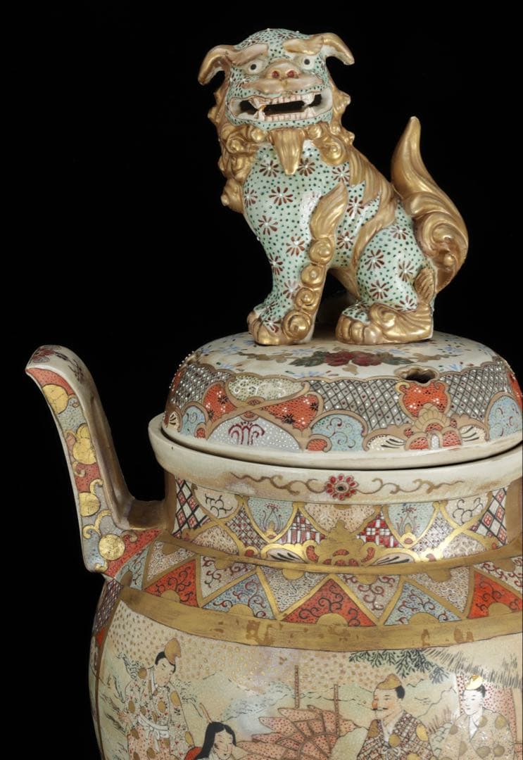 薩摩焼 金襴手金彩色絵 武者人物図 獅子摘三足大香炉 62㎝ 共箱 古美術 骨董