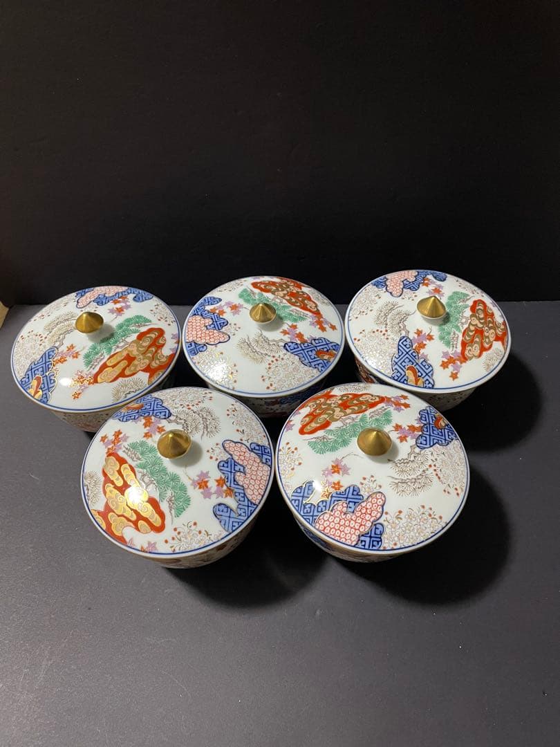 賞美堂 其泉窯染錦 春秋文汲み出し（蓋付き湯呑み）5点セット共箱付き