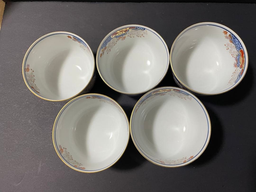 賞美堂 其泉窯染錦 春秋文汲み出し（蓋付き湯呑み）5点セット共箱付き