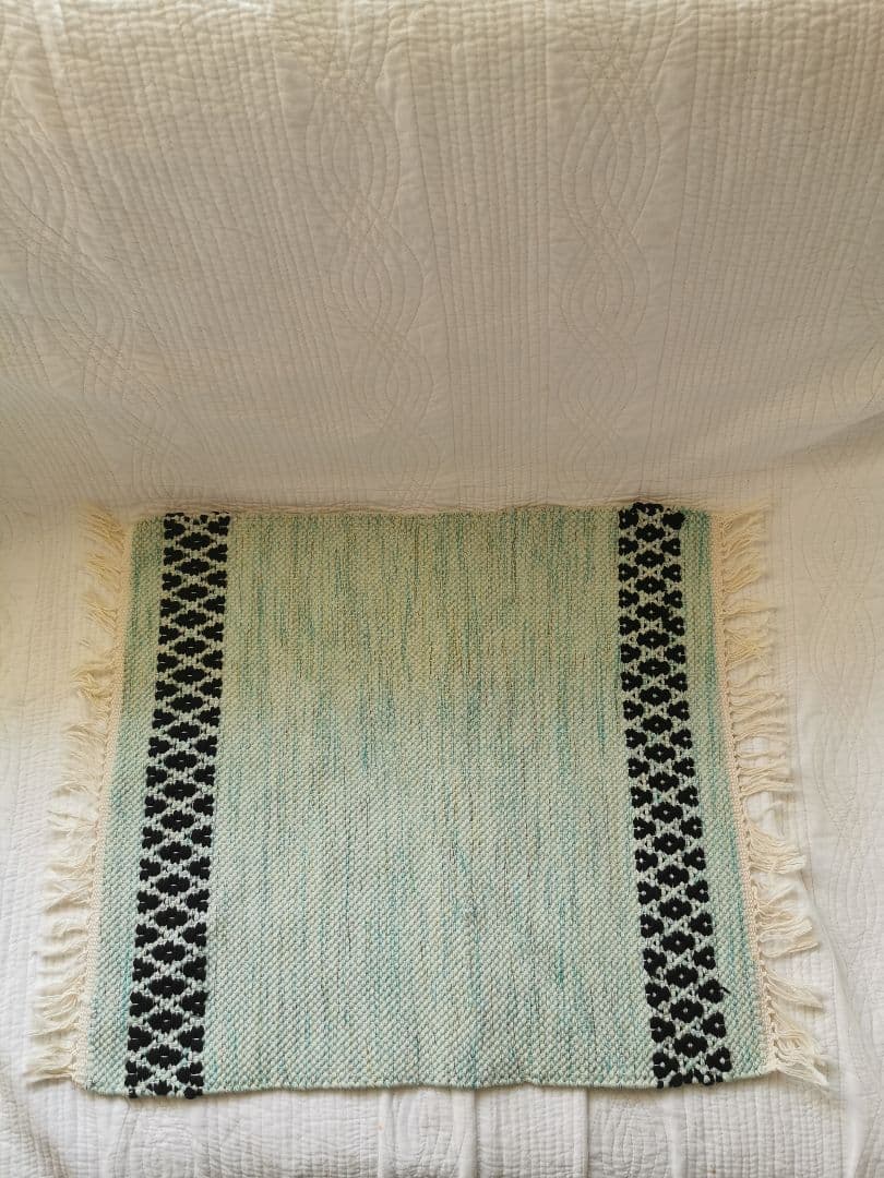 ヴィンテージ/アンティーク ポーランド 手織りフリンジ付き美しい水色タペストリー