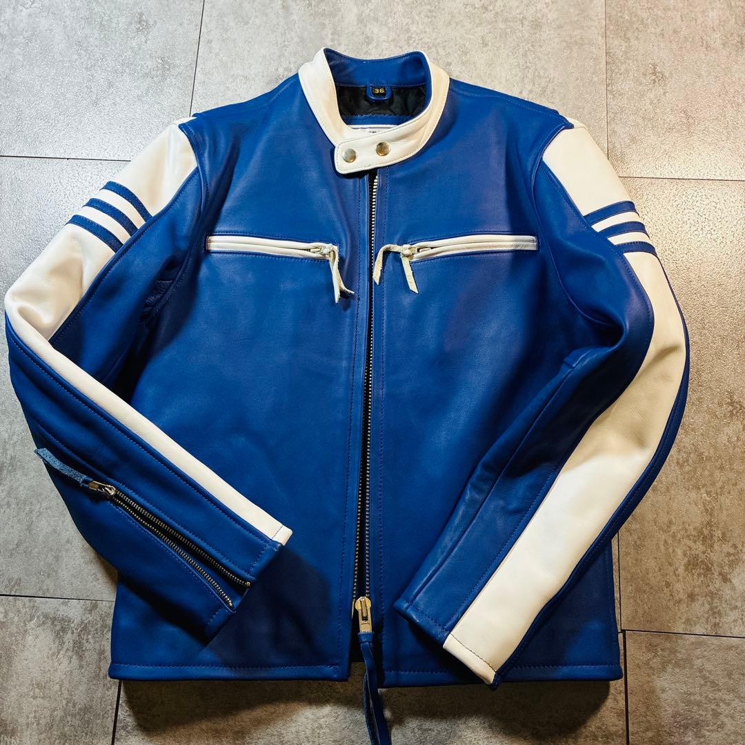 未使用級 美品 FREEDOM レザージャケット 36 ブルー×ホワイト 本革