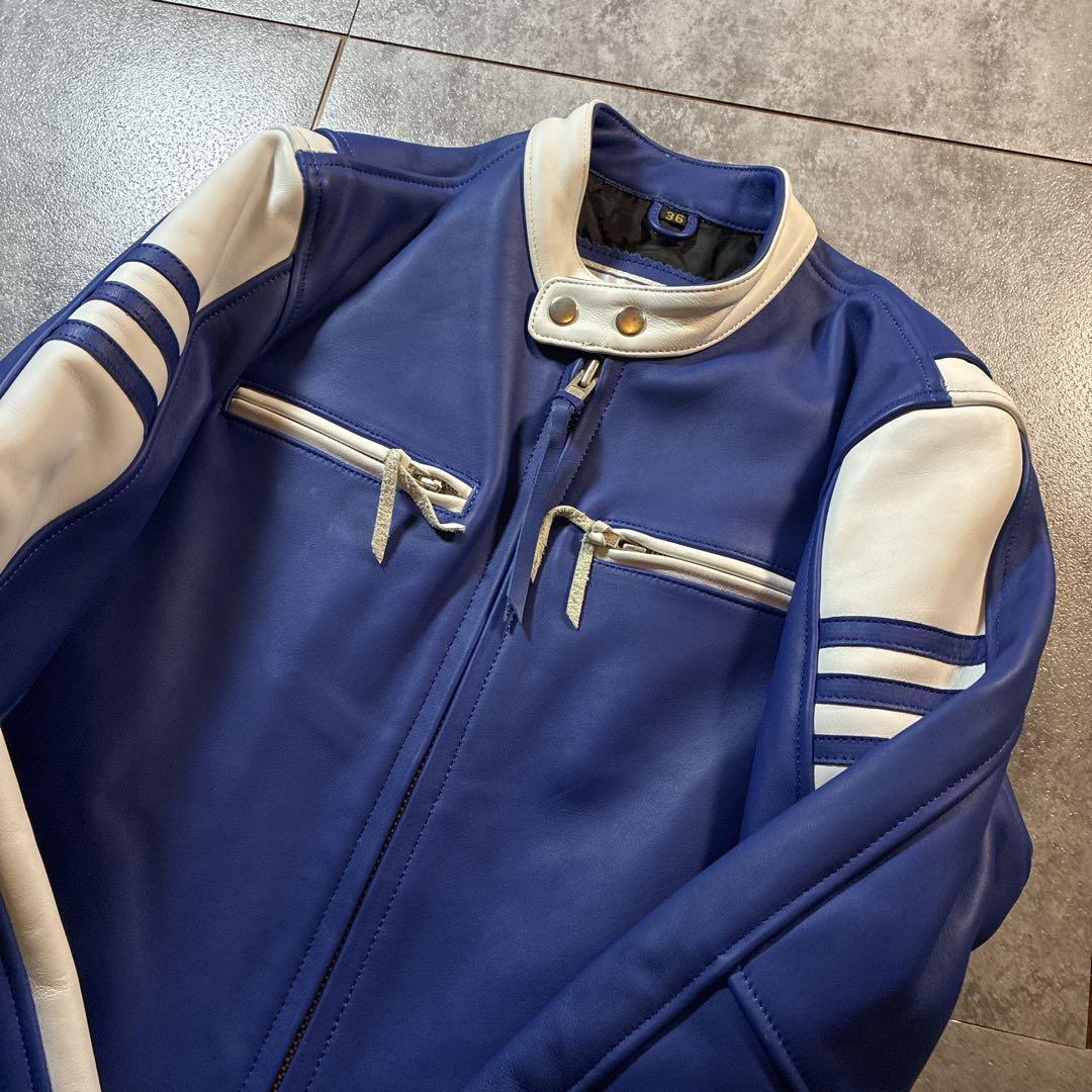 未使用級 美品 FREEDOM レザージャケット 36 ブルー×ホワイト 本革