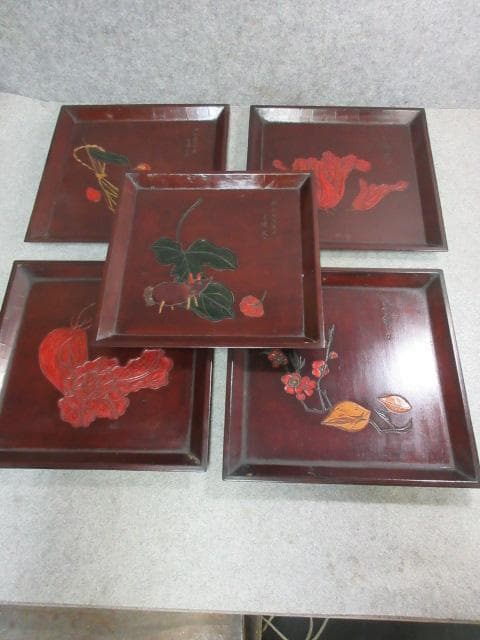 讃岐 手彫り 角盆 5枚 [B23519] 絵変り 両峰山人刀 讃岐木地漆