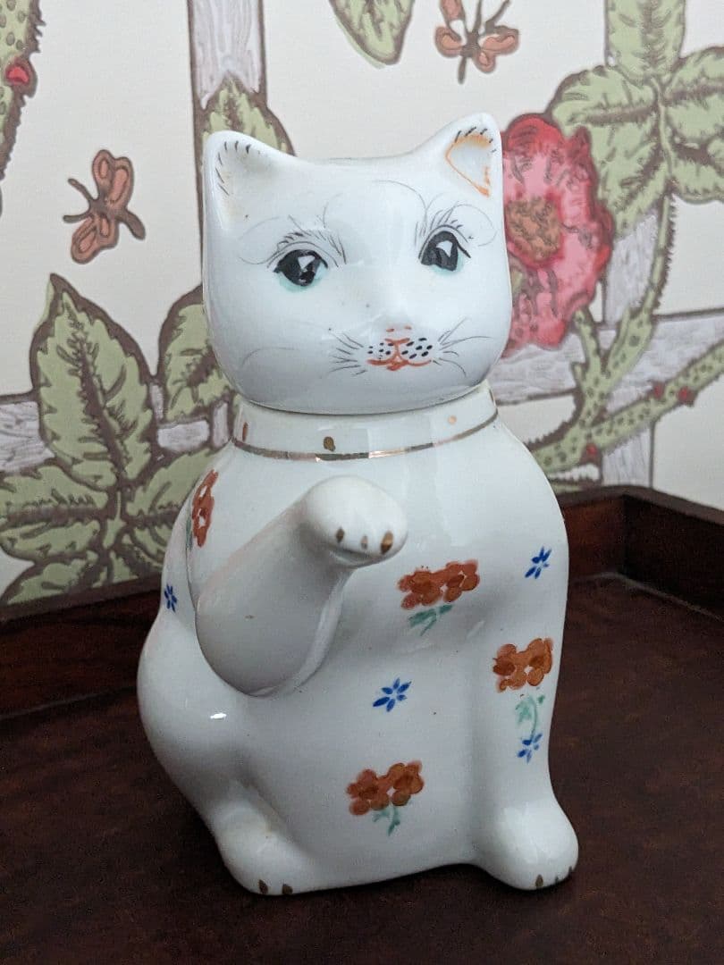 イギリス ヴィンテージ ◆ 猫型 陶器 ティーポット ◆ 白色 花柄