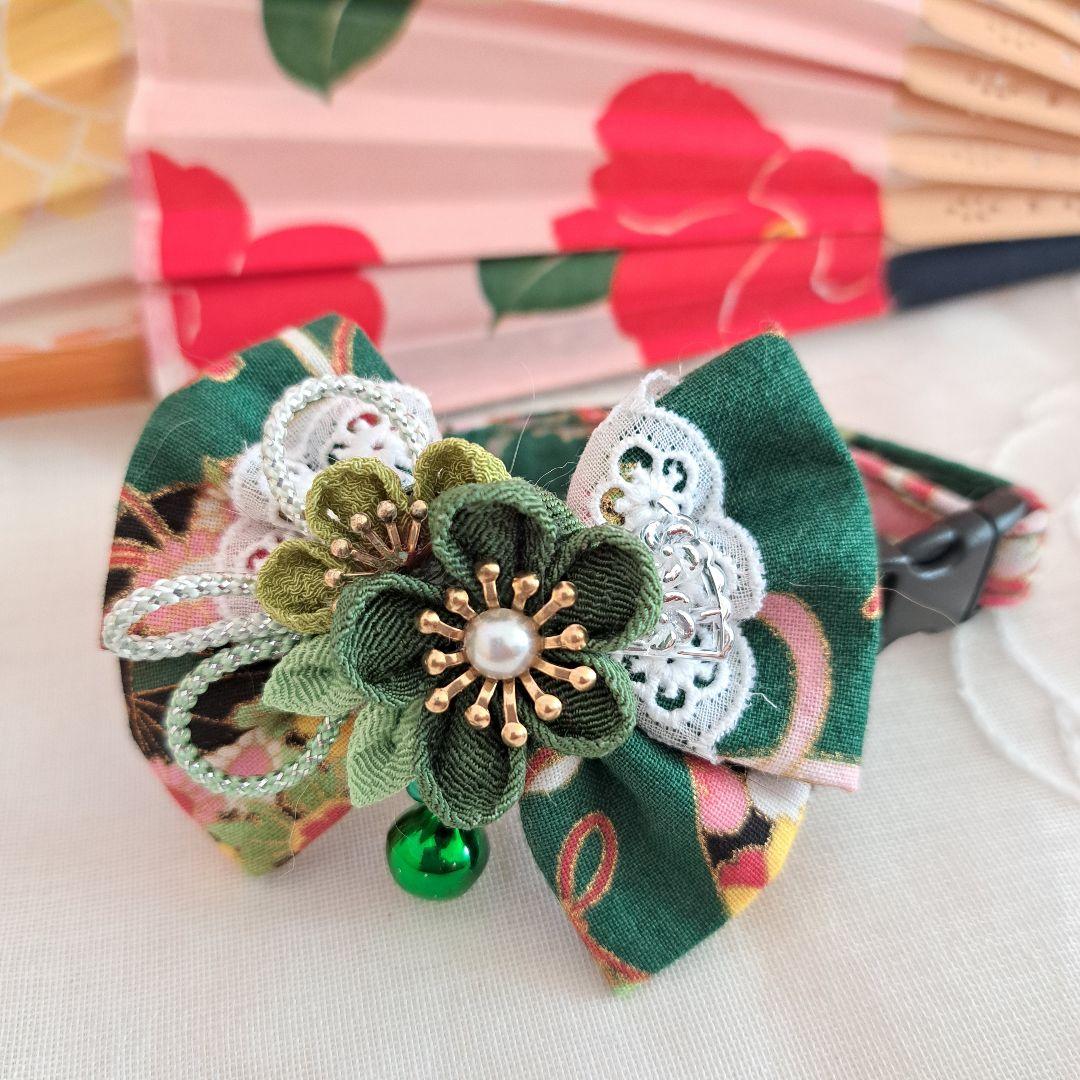 ダブルリボン、和風つまみ細工(緑)わんちゃん猫ちゃん用首輪