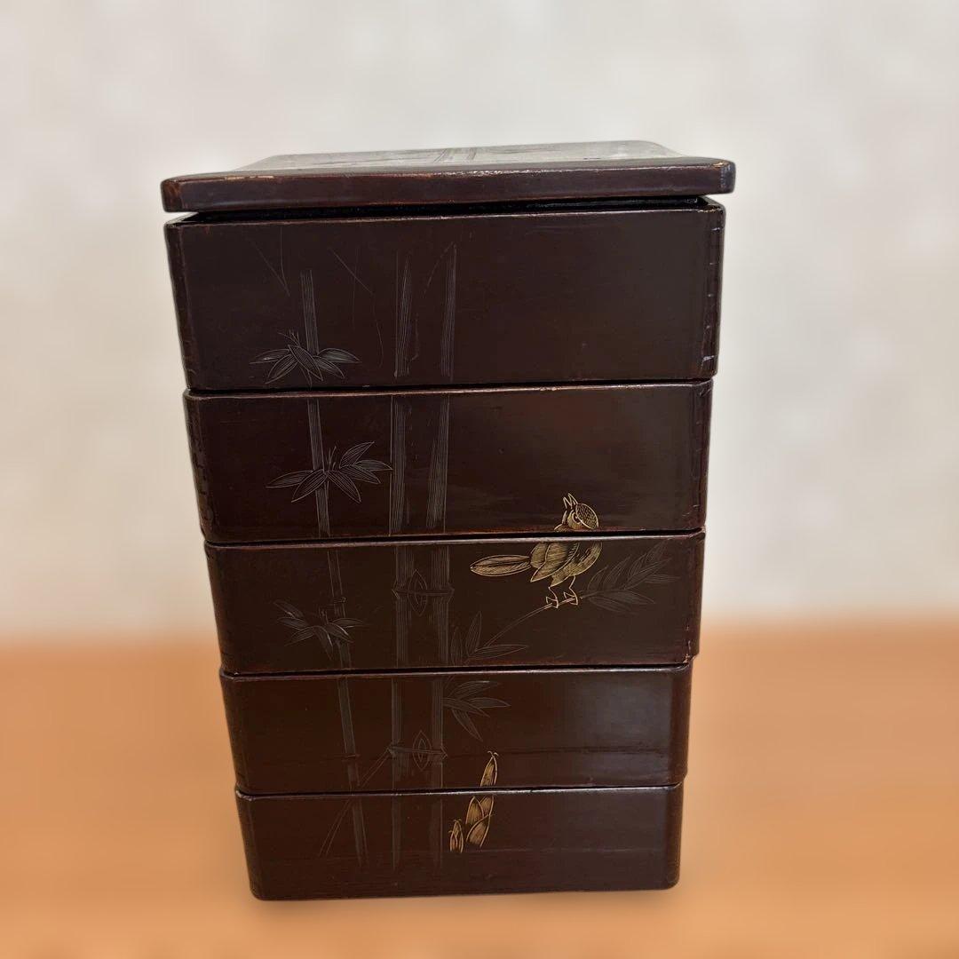 重箱5段　伝統工芸品 漆塗り 金箔 蒔絵 骨董 昭和レトロ アンティーク 時代物