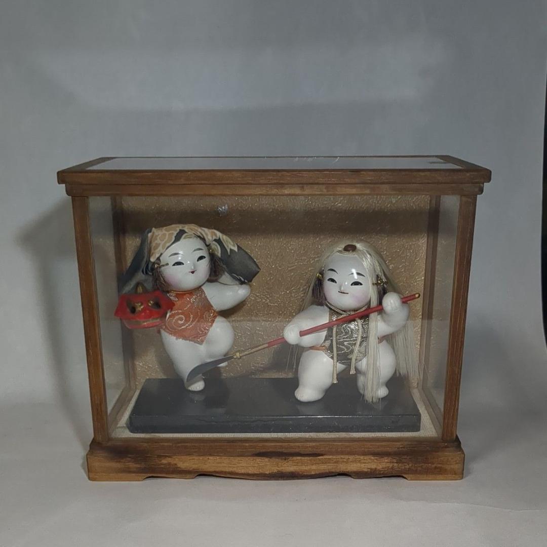 加賀人形 伝統工芸 獅子舞と薙刀 男童 ガラスケース付 昭和レトロ 旧家保管品