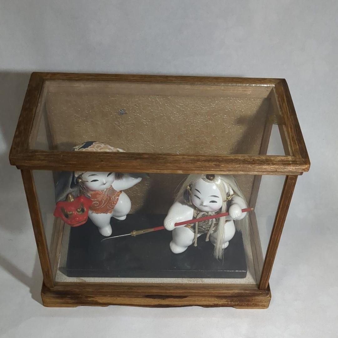 加賀人形 伝統工芸 獅子舞と薙刀 男童 ガラスケース付 昭和レトロ 旧家保管品