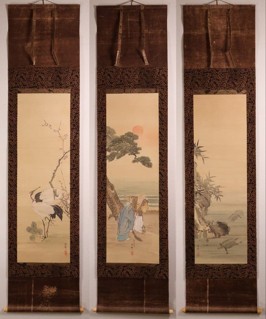 【模写】日本画 横山清暉 高砂鶴亀 三幅対 絹本 掛軸 四条派 江戸 MA715