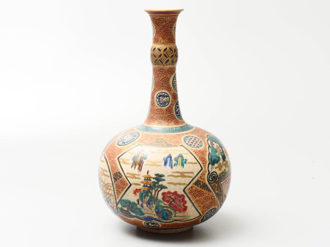 幕末名工 【九谷庄三】造 色絵金彩図変鶴首 花瓶 花器 高さ27.5ⅽm