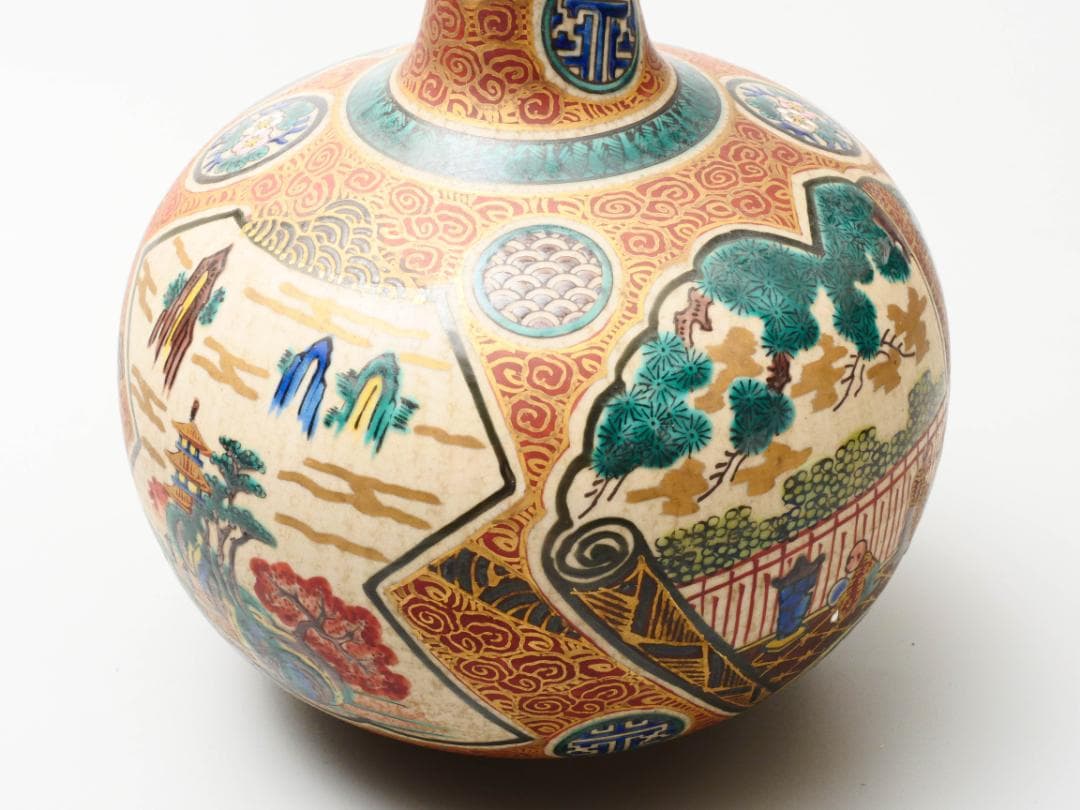 幕末名工 【九谷庄三】造 色絵金彩図変鶴首 花瓶 花器 高さ27.5ⅽm