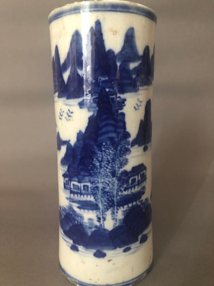 中国骨董　陶器　清朝　花瓶 花器　染付山水花瓶 骨董