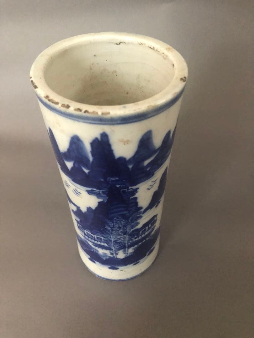 中国骨董　陶器　清朝　花瓶 花器　染付山水花瓶 骨董