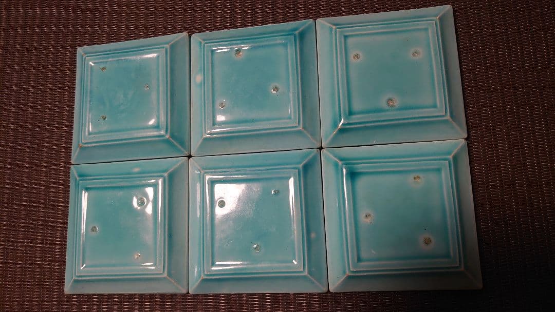 阿波 淡路島 珉平焼 網代模様に蔦 角豆皿 手塩皿6客 青 骨董