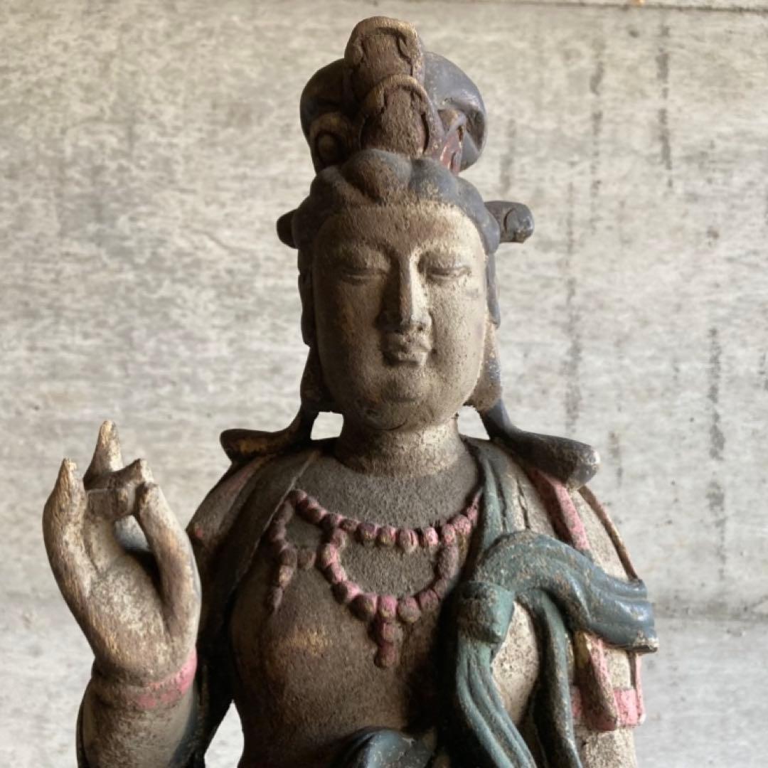 古い仏像 観音菩薩 立像 木製 木彫り 彫刻 置物 古美術 骨董品 レトロ