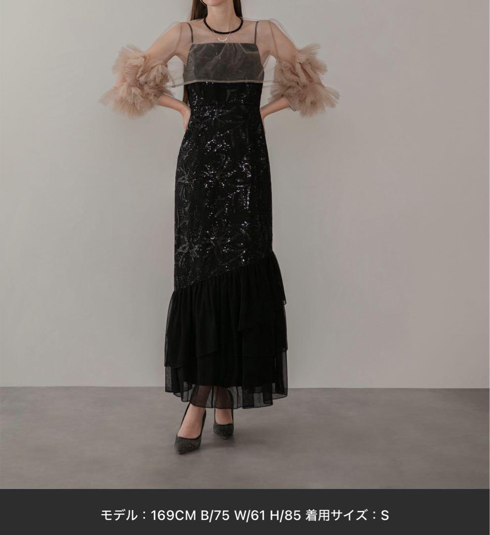 新品　フラワースパンコールチュールフリルスリーブIラインワンピースドレス