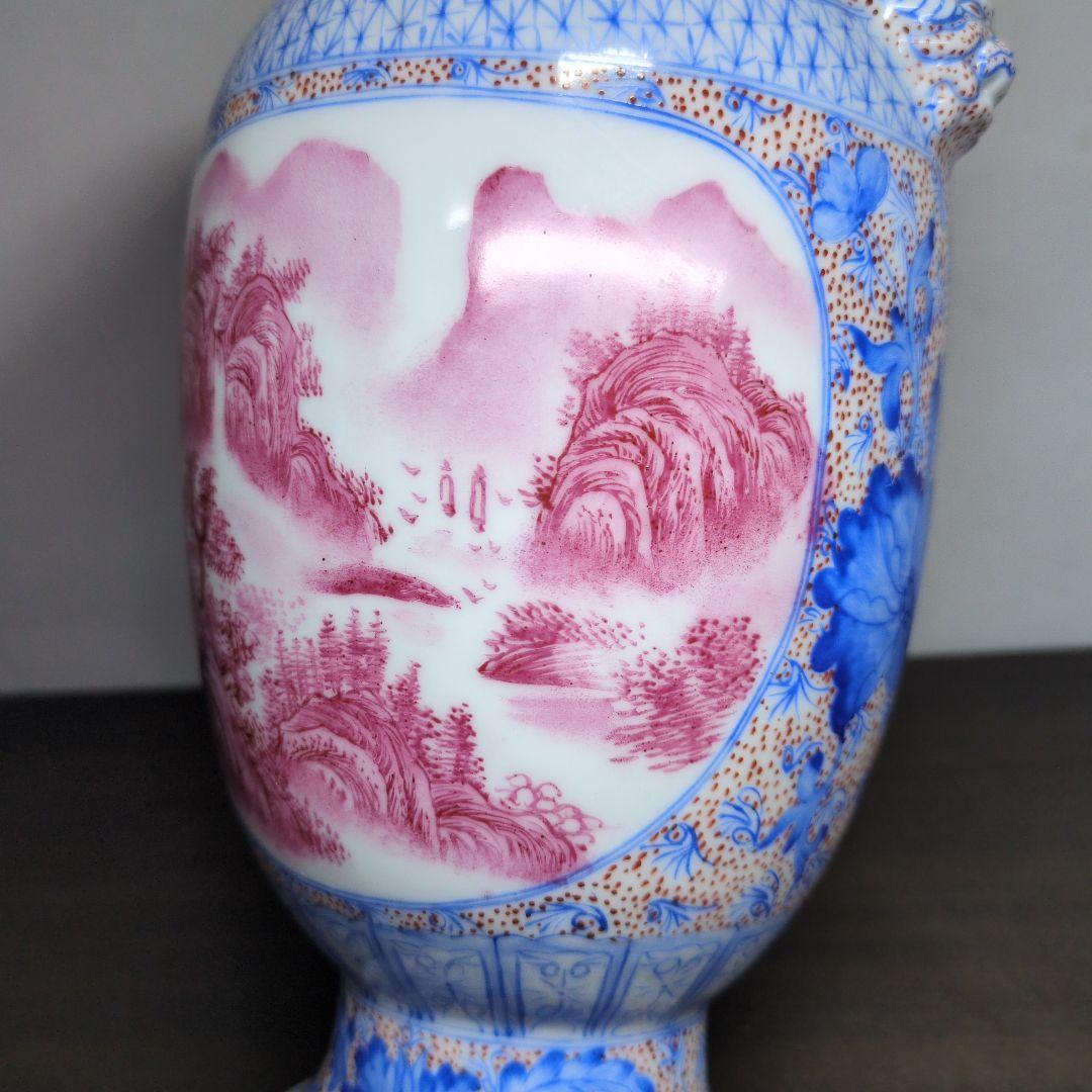 居仁堂製 色絵 窓絵 山水文 獣耳付 瓶 高さ約24.5cm