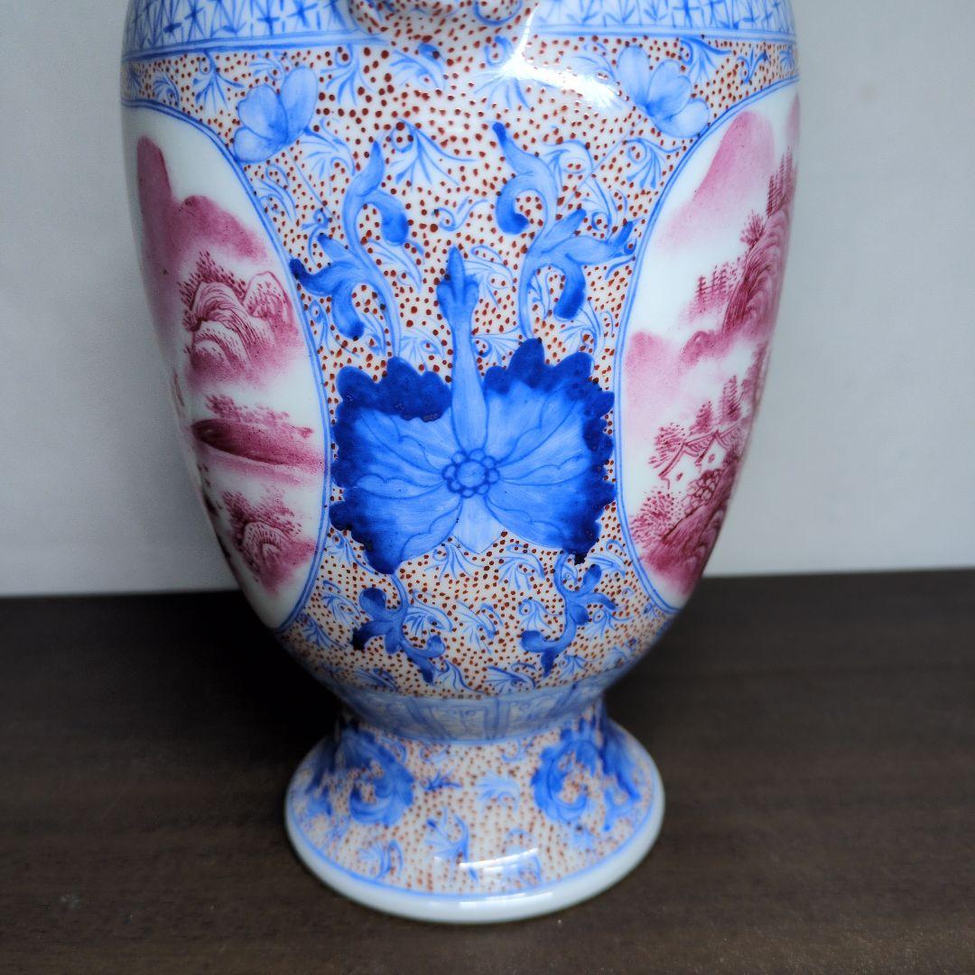 居仁堂製 色絵 窓絵 山水文 獣耳付 瓶 高さ約24.5cm