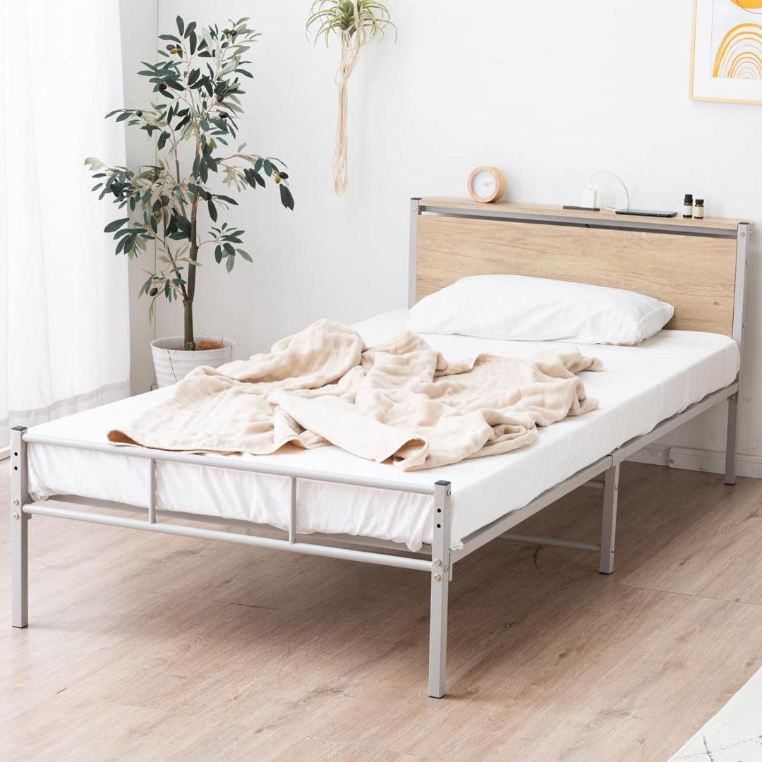 タンスのゲン シングルベッドフレーム パイプベッド 2口 コンセント 宮付