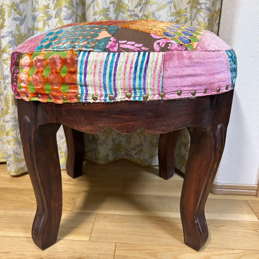 北欧 木製 スツールパッチワーク アンティーク調 チェアー