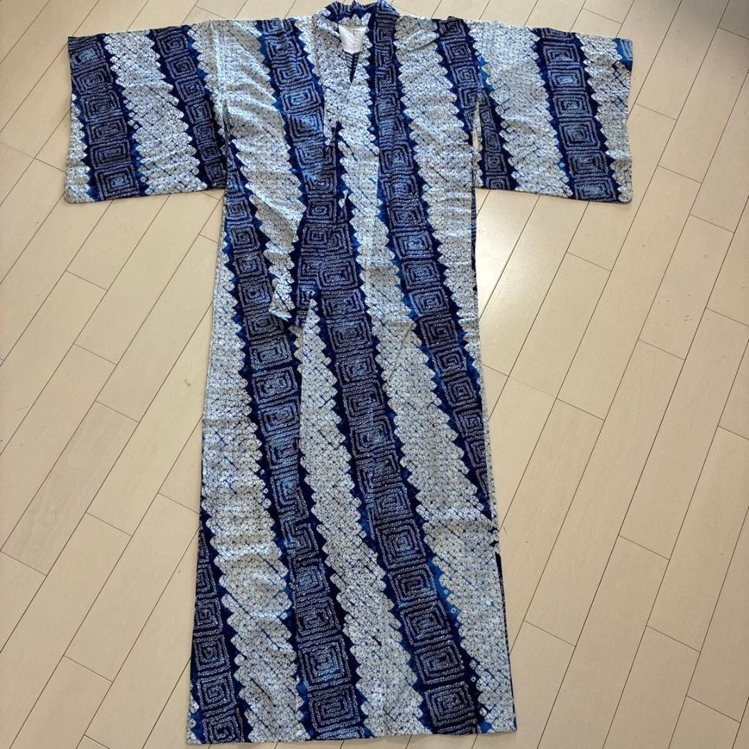 ■E4717■木綿■浴衣■藍染　有松鳴海絞り　斜め縞模様　浴衣■丈153　裄66