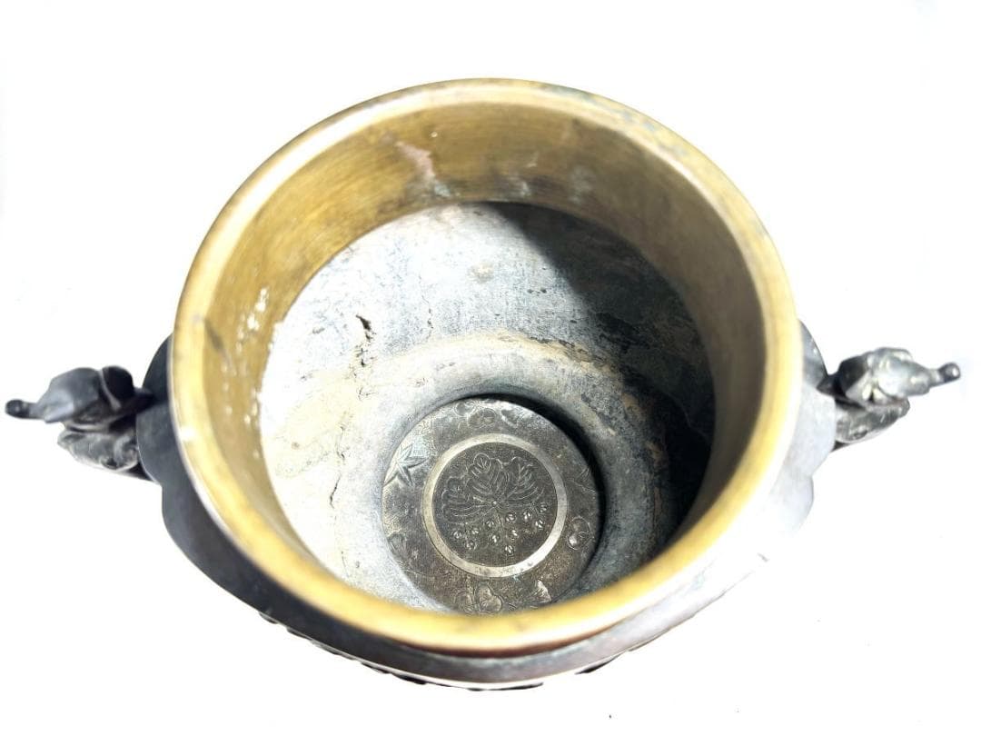 江戸時代 古銅 塗金 雙龍耳花鳥珍獣彫薄端 花器 置物 旧家蔵出WWST025