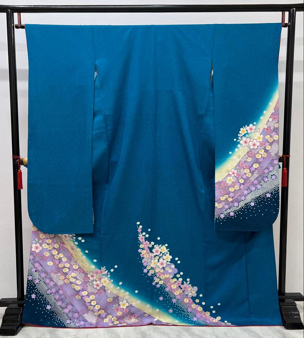 振り袖　フルセット　別誂長襦袢付　ブルー　成人式　金彩加工　金通し　714