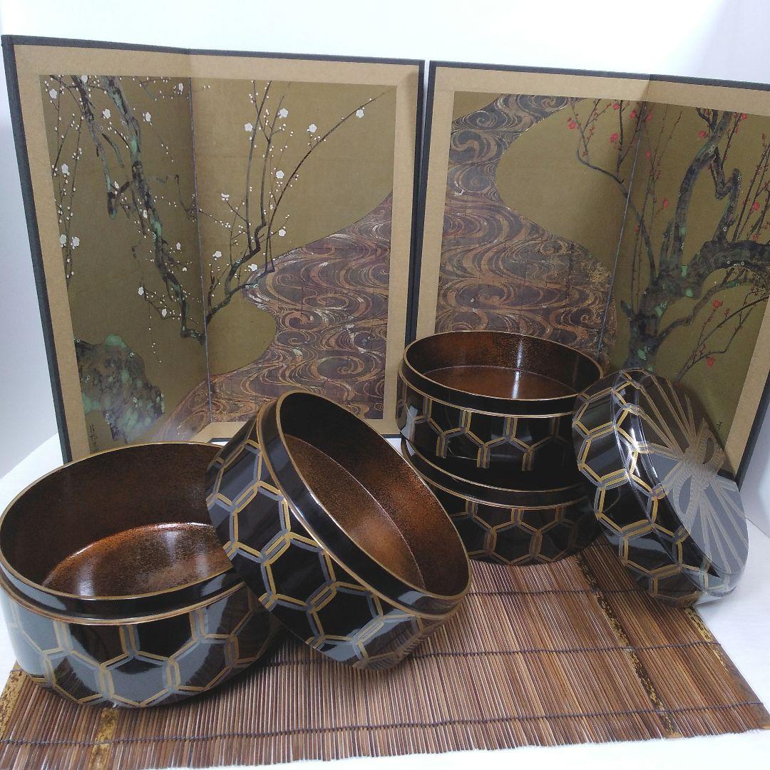 江戸時代骨董 金と銀の紐が六角形に結ばれた模様 四段重箱