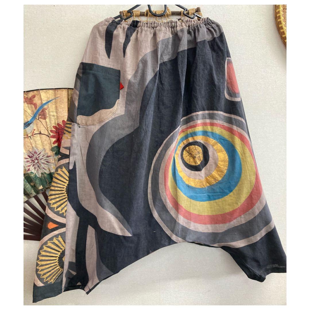 鯉のぼり(木綿)の柿渋染めサルエルパンツ　　　古布リメイク