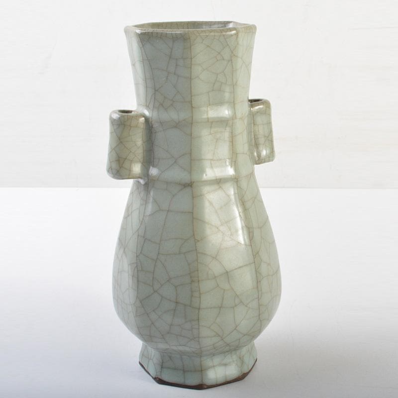 中国　汝窯　青磁　氷裂文　八角面取双耳瓶　C　7363E