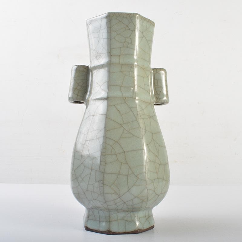 中国　汝窯　青磁　氷裂文　八角面取双耳瓶　C　7363E