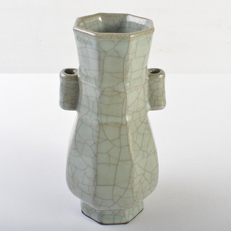 中国　汝窯　青磁　氷裂文　八角面取双耳瓶　C　7363E